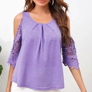 Pleated Front Cold Shoulder Lace Sleeve Top